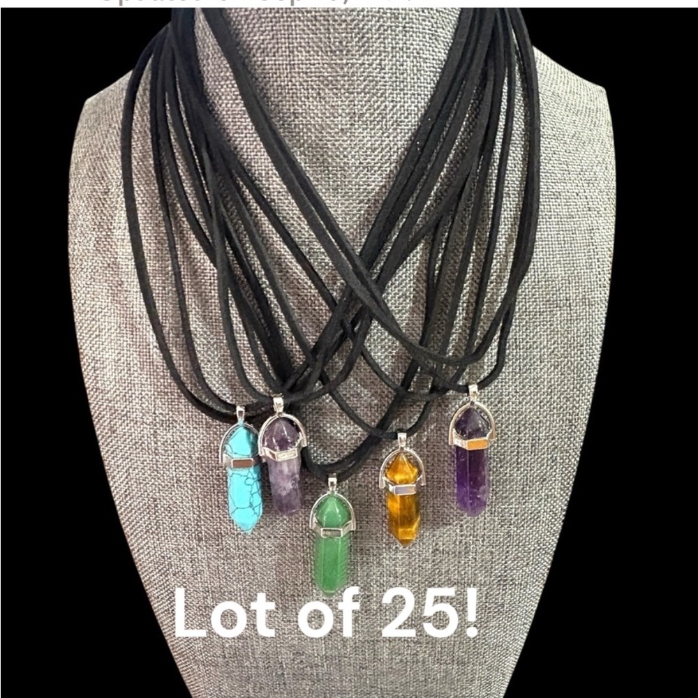 LOT of 25 corded necklaces with simulated stone hexagon pendants